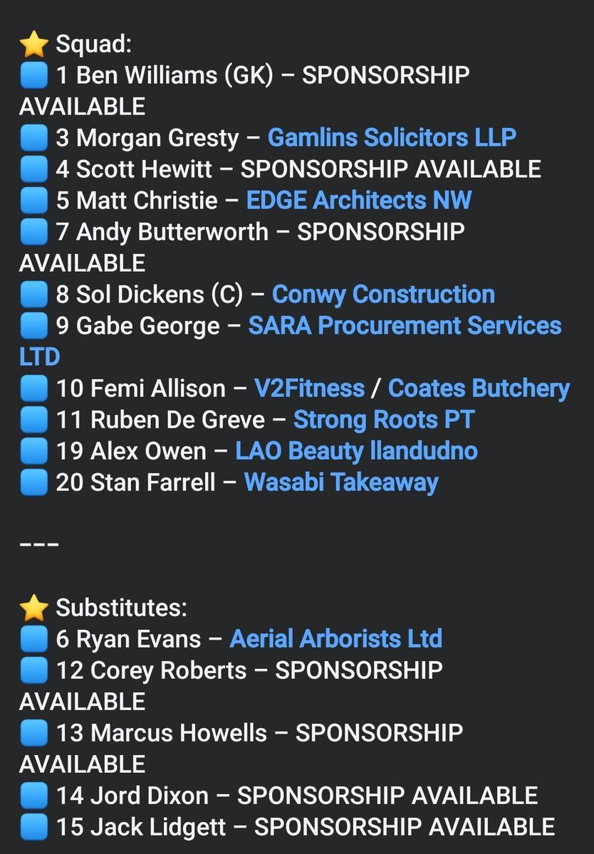 Penrhyn Bay - Seniors (@penrhynbaymens) on Twitter photo 💙🖤 MATCH DAY SQUAD 🖤💙
Matchday squad vs <a href="/LlandyrnogFC/">Llandyrnog United</a>
⏰ KO: 14:30
📍 Cae Nant, Llandyrnog
⭐ Management
Nigel Dickens – Conwy Construction
Tom Bradfield – IQ Football Coaching / Jen's Professional Playtime
⭐️ Sponsors
🟦⬛️ Butterworths
🟥⬜️ Goldengate Caravan Park Towyn 💙🖤 MATCH DAY SQUAD 🖤💙
Matchday squad vs <a href="/LlandyrnogFC/">Llandyrnog United</a>
⏰ KO: 14:30
📍 Cae Nant, Llandyrnog
⭐ Management
Nigel Dickens – Conwy Construction
Tom Bradfield – IQ Football Coaching / Jen's Professional Playtime
⭐️ Sponsors
🟦⬛️ Butterworths
🟥⬜️ Goldengate Caravan Park Towyn