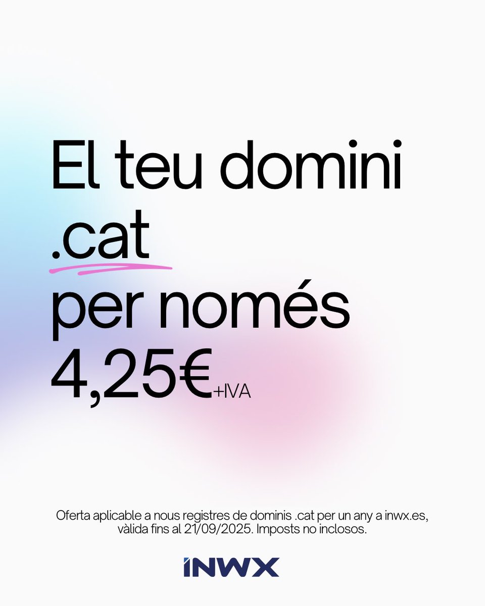 El teu domini .cat t'espera! Registra'l ara i aprofita la nostra oferta: el primer any per només 4,25 €+IVA a INWX.
Oferta vàlida fins al 21/09/2025, preu de renovació 17,95€+IVA