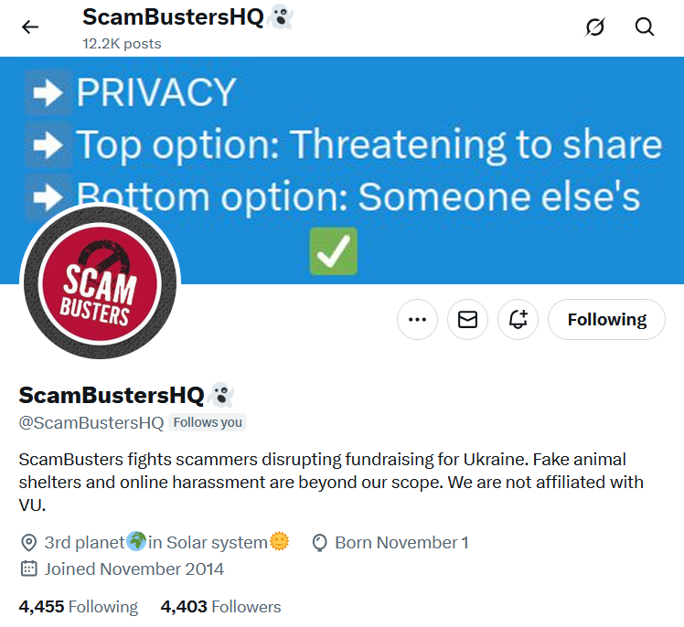 whambam27 (@whambam271) on Twitter photo <a href="/Okonomin3964061/">Okonomin 🇺🇸🤝🇺🇦</a> <a href="/ColumbDion/">Dion McGregor 🇳🇿💙💛🇺🇦🔱</a> <a href="/ScamBustersHQ/">ScamBustersHQ👻</a> A great one to follow
They give heads up on FAKE Ukrainian soldiers scamming people sending funds to "soldiers" they think are in🇺🇦
This makes reporting these FAKES easier & more effective as can be suspended must faster
TIP, post NO updates on rep progress
R&B RT <a href="/Okonomin3964061/">Okonomin 🇺🇸🤝🇺🇦</a> <a href="/ColumbDion/">Dion McGregor 🇳🇿💙💛🇺🇦🔱</a> <a href="/ScamBustersHQ/">ScamBustersHQ👻</a> A great one to follow
They give heads up on FAKE Ukrainian soldiers scamming people sending funds to "soldiers" they think are in🇺🇦
This makes reporting these FAKES easier & more effective as can be suspended must faster
TIP, post NO updates on rep progress
R&B RT