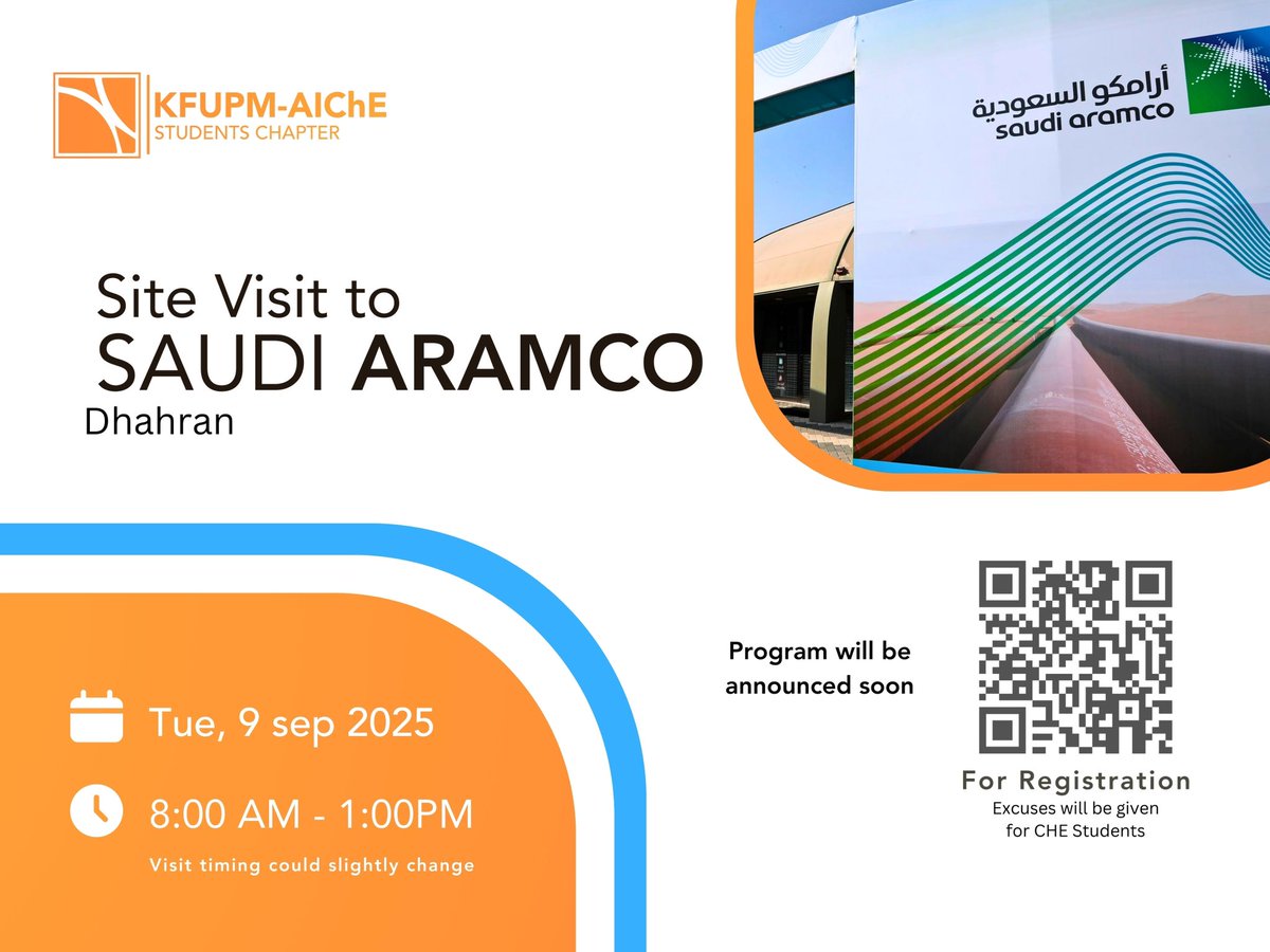 ⚡🚀 جاهزين تكتشفوا عالم الطاقة؟
انضموا لزيارة ميدانية مميزة إلى أرامكو السعودية، وتعرفوا على منشآتها، تقنياتها، وبيئة العمل الاحترافية!

📅 9 سبتمبر | ⏰ 8 ص – 1 م | 📍 الظهران
🚨 المقاعد محدودة – سجلوا الآن!
forms.office.com/r/QwKxgT5qY8

-أعذار رسمية لطلبة الهندسة الكيميائية👨‍🔬👩‍🔬