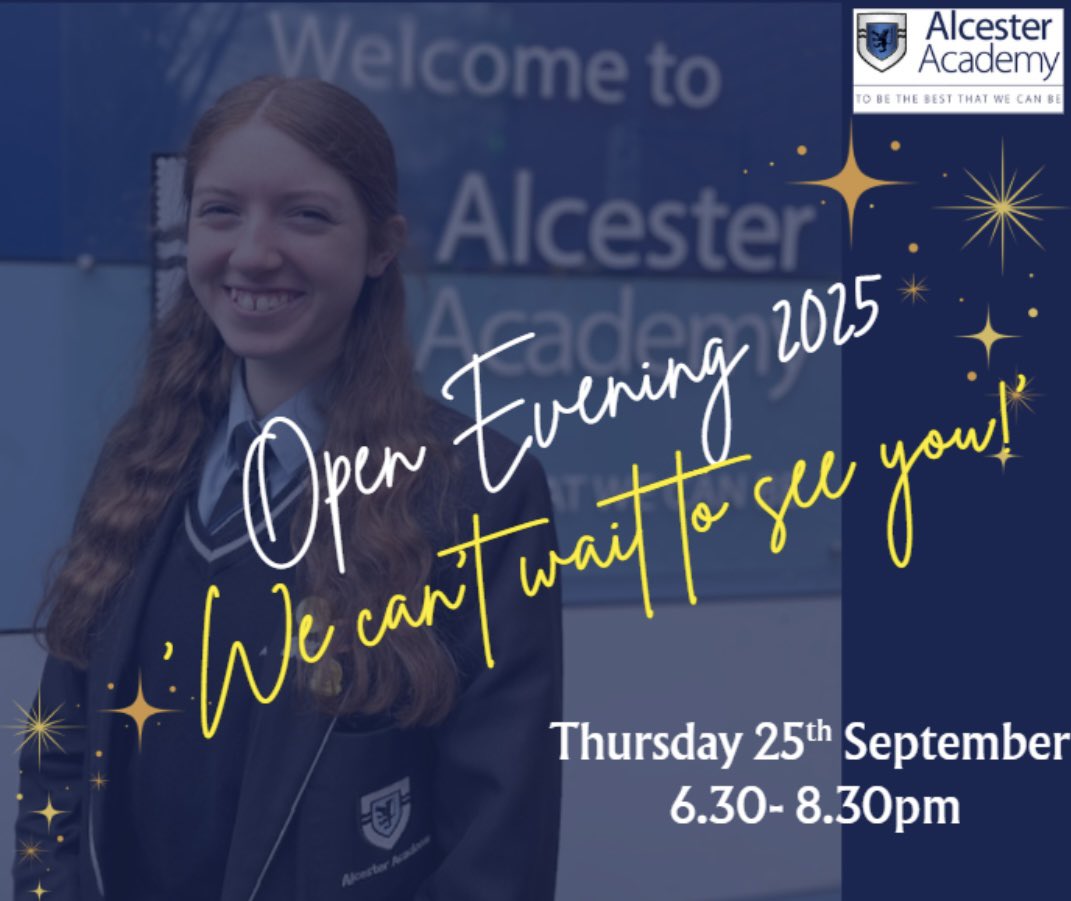 <a href="/AlcesterAcademy/">Alcester Academy</a> we’re very excited to start the new academic year and welcome new members of the community to our school. Open Evening takes place on Thursday 25 September and our doors will be open for you to see a place where we believe you can be ‘the best that you can be’