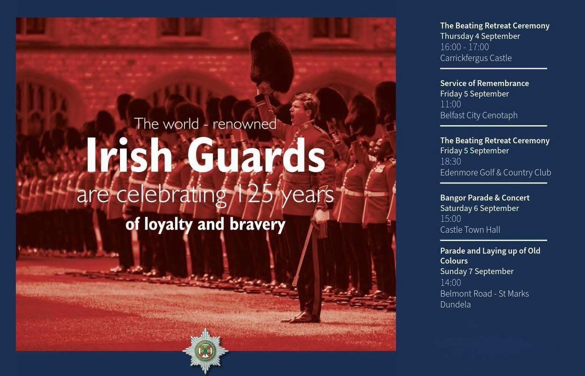 The Irish Guards are celebrating 125 of loyalty and bravery with a selection of events in Northern Ireland starting next Thursday in Carrickfergus. Details of all events are included here. Which one will you be popping down too? See you there! 
💂 🔵 🔴 🔵 💂‍♂️