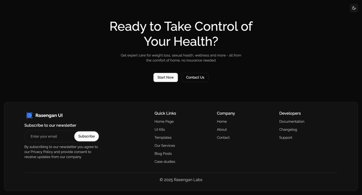 DilaneKombou's tweet image. Footer component with a Call to Action

built with @rasenganjs and @shadcn