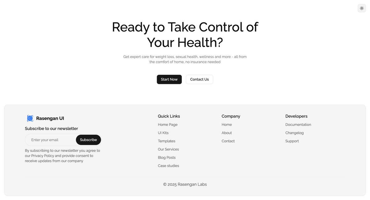 DilaneKombou's tweet image. Footer component with a Call to Action

built with @rasenganjs and @shadcn