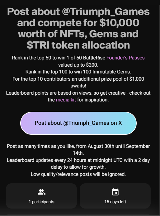 aceeeeitz (@aceeeeitz) on Twitter photo <a href="/Triumph_Games/">Triumph Games</a> Social Leaderboard is up!
Compete to win <a href="/BattleRiseGame/">BattleRise: Kingdom of Champions</a> Founder's Passes and to win 100 Immutable Gems!
Hold on! Additional top 10 Contributors to win a prize pool of $1000.🥳 <a href="/Triumph_Games/">Triumph Games</a> Social Leaderboard is up!
Compete to win <a href="/BattleRiseGame/">BattleRise: Kingdom of Champions</a> Founder's Passes and to win 100 Immutable Gems!
Hold on! Additional top 10 Contributors to win a prize pool of $1000.🥳
