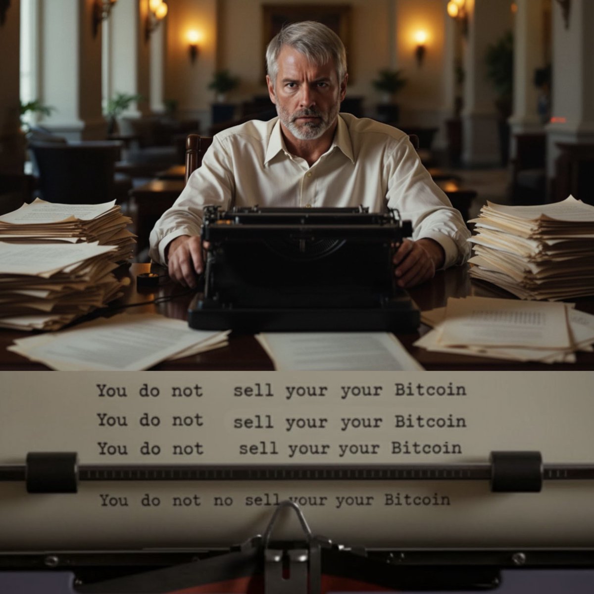 Man typing repeatedly on a typewriter: You do not sell your your Bitcoin