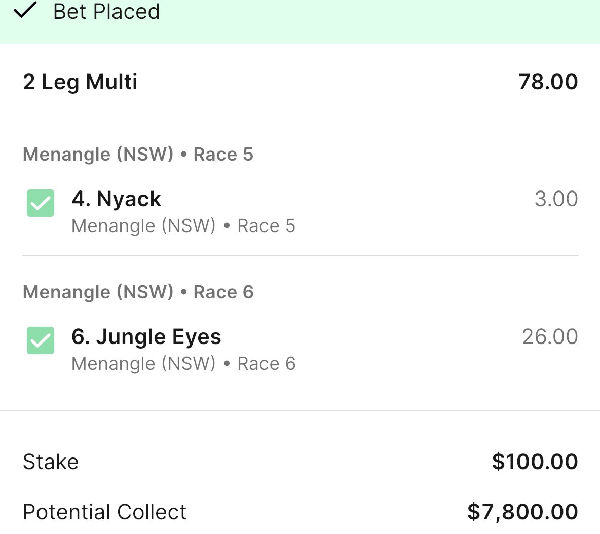 Love this multi but if Nyack doesn’t win back up with Jungle Eyes at $26 very unlucky last start