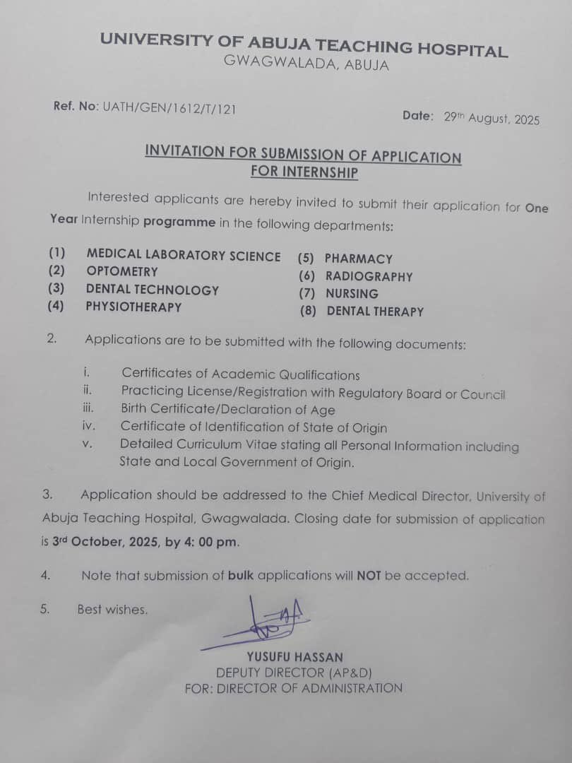 njonurses's tweet photo. 🚨 Internship Opportunity!

University of Abuja Teaching Hospital (UATH), Gwagwalada invites applications for a 1-year internship in:
🧪 Med Lab Science | 👓 Optometry | 🦷 Dental Tech/Therapy | 🏋🏽 Physiotherapy | 💊 Pharmacy | 📸 Radiography | 👩🏽‍⚕️ Nursing
Repost and share to people that might need it 🤗

📅 Deadline: 3rd Oct, 2025 (4pm).

#UATH #Internship #MedicalJobs #Nursing #Pharmacy