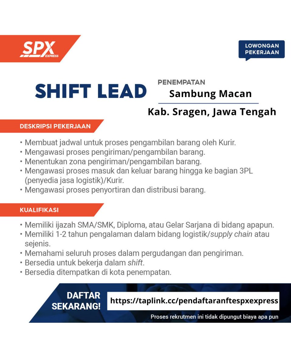 iceopennetworkk's tweet image. 🚀 SPX Express butuh Shift Lead di Sambung Macan, Sragen!
Syarat: min. SMA/SMK/D3/S1, pengalaman 1-2 thn logistik, paham gudang &amp;amp; siap shift.
💰 Gaji kompetitif + karir berkembang.
📩 Lamar: taplink.cc/pendaftaranfte…
#LokerSragen #ShiftLead #SPXExpress