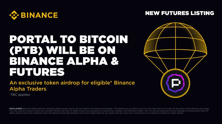 Binance Alpha 即将上线 <a href="/PortaltoBitcoin/">Portal</a> (PTB)

⏰开始时间：9 月 3 日

币安 Alpha 交易 → 12:00 UTC

币安合约交易 → 12:30 UTC

符合条件的用户可以在交易开启后，使用 Alpha Points 领取空投奖励！

这将是 $PTB 迈向全球最大舞台的关键一步，未来无限可能。