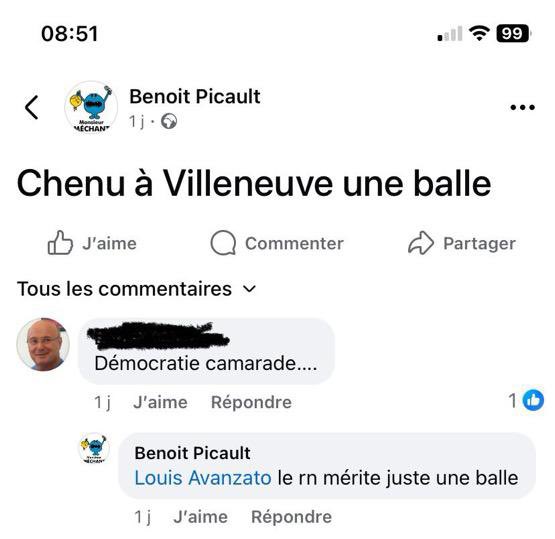 Un petit exemple de la violence en politique et les menaces d’un certain Benoît Picault dans la perspective de ma venue à Villeneuve-sur-Lot prochainement <a href="/RNational_off/">Rassemblement National</a> <a href="/HeleneLaporteRN/">Hélène Laporte</a>
