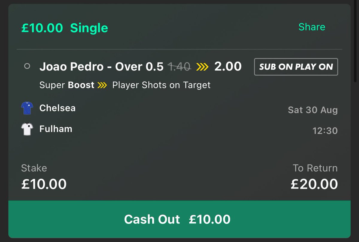 BarneyBets's tweet image. 🤑 CASH GIVEAWAY

I’m backing today’s super boost for the Chelsea vs Fulham in the Premier League. 

If Joao Pedro has an SOT, I’ll give £10 CASH away to someone who:

LIKES ❤️ and REPOSTS ♻️ this post. 

MUST follow @BarneyBets.