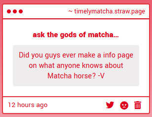 TimelyMatcha's tweet photo. idk what a info page is. However i did just add some info about the real matcha horse on the strawpage https://t.co/WILr9pEv7r