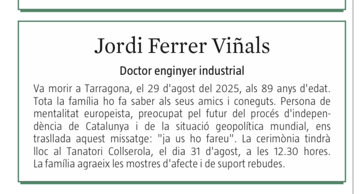 Cada dia miro les esqueles de La Vanguardia per trobar perles com aquesta.