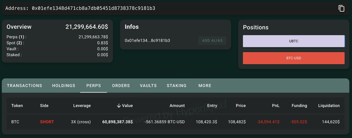 鲸鱼在 Hyperliquid 的仓位概览，显示 BTC-USD 做空