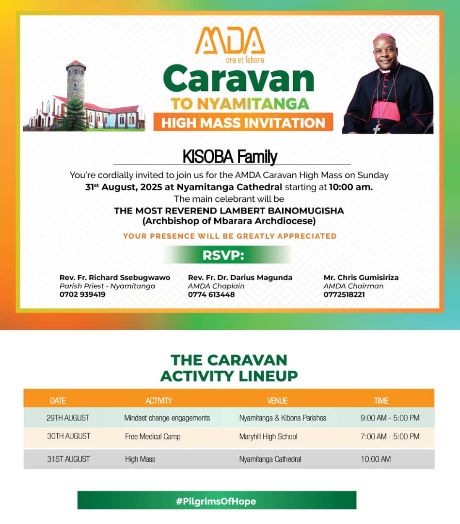 KISOBA _ Kitabi Seminary Old Boys' Association (@kitabiseminary) on Twitter photo As the #KISOBA Family, we shall be attending the #AMDACaravan2025 High Mass tomorrow 31st August 2025 at Nyamitanga Cathedral, 10:00am.
We take this opportunity to invite everyone to come and attend.
<a href="/AMDAUganda/">AMDA Uganda</a>
#PilgrimsOfHope As the #KISOBA Family, we shall be attending the #AMDACaravan2025 High Mass tomorrow 31st August 2025 at Nyamitanga Cathedral, 10:00am.
We take this opportunity to invite everyone to come and attend.
<a href="/AMDAUganda/">AMDA Uganda</a>
#PilgrimsOfHope