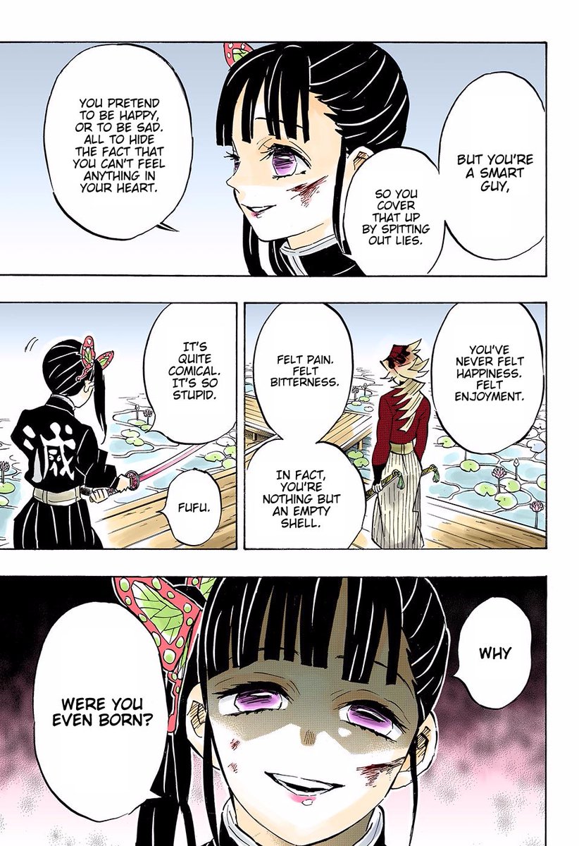 kanao and douma being opposite foils of each other is what made kanao’s “why were you even born” line so impactful to her character growth—because through shinobu and her sisters, kanao finally knows her purpose for existence: to love and be loved