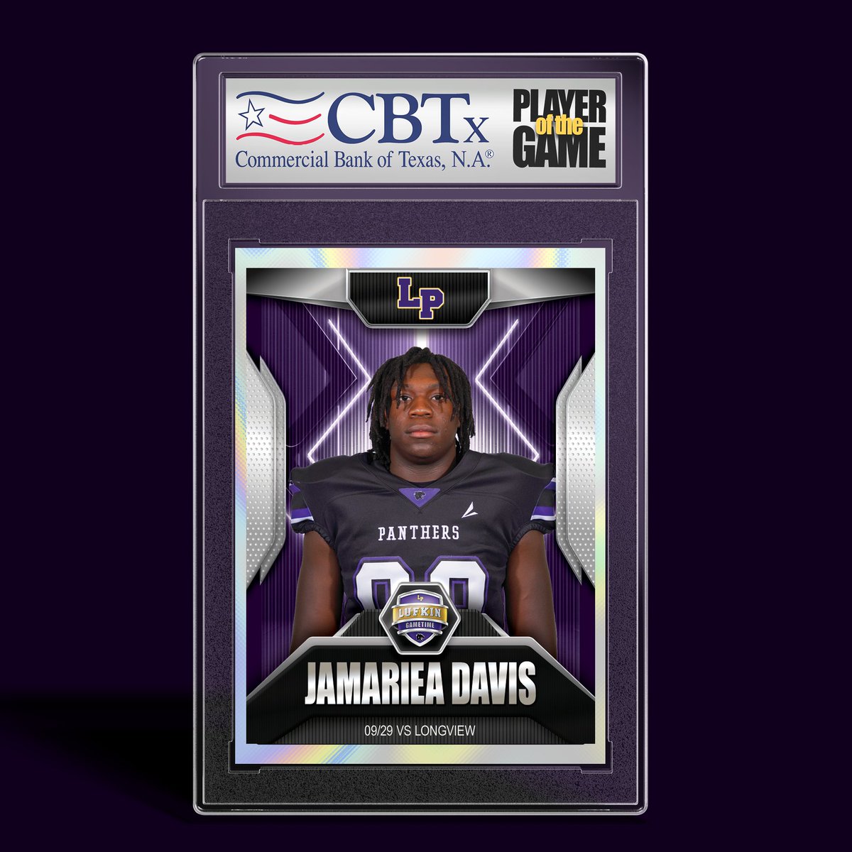 Jamariea Davis is our Commercial Bank of Texas Player of the Game. The Jr Defensive End was a force all night against Longview, including a forced fumble that led to Lufkin's first touchdown of the night. <a href="/JamarieaDavis/">Jamariea Davis</a> <a href="/LufkinRecruit/">Lufkin Recruiting</a> <a href="/abseckLPFB/">Carl Abseck</a> <a href="/Lufkinfootball/">Pack Football News</a>