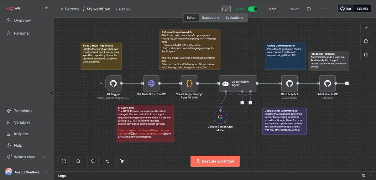Anshul_439's tweet image. Explored n8n today. Set it up locally using Docker and configured a workflow that connects with GitHub to drop automated PR review comments.