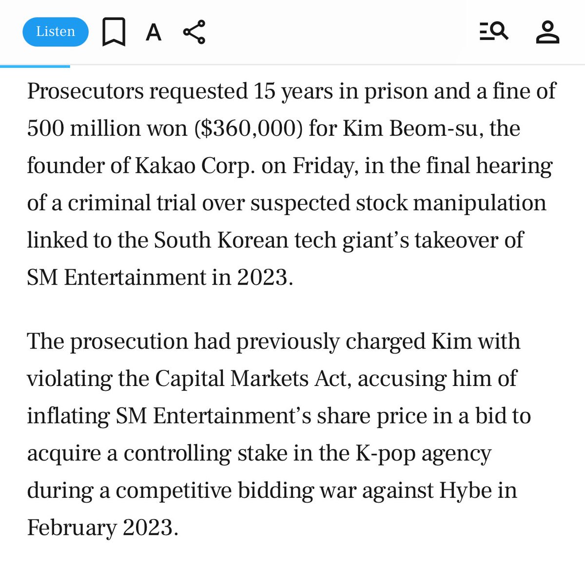 KFloopNet's tweet image. [🚨] Kakao founder Kim Beomsoo has been sentenced to 15 years for manipulating and inflating SM Entertainment&apos;s stock.

— The case is sparking doubts about whether this could affect SM artists.