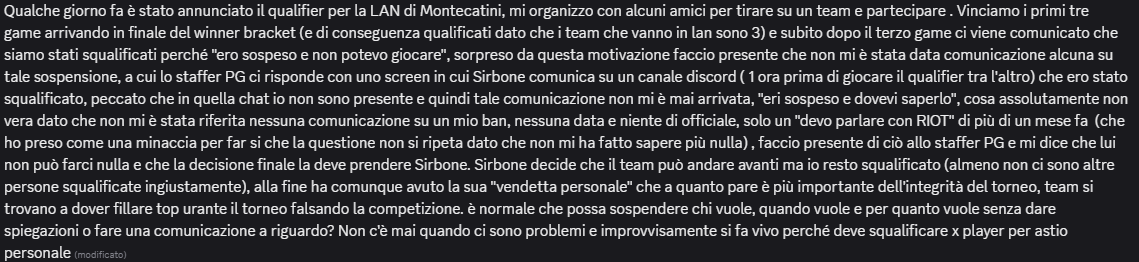 Ma <a href="/RiotSupportITA/">Riot Support ITA</a> per quanto tempo sarà permesso a <a href="/Sirbone_Sirbone/">Sirbone</a> di gestire i tornei? Mille problemi durante questi anni a causa di incompetenza e scarsa professionalità e la consapevolezza che gli sarà sempre permesso, oggi è toccato a me ⬇️