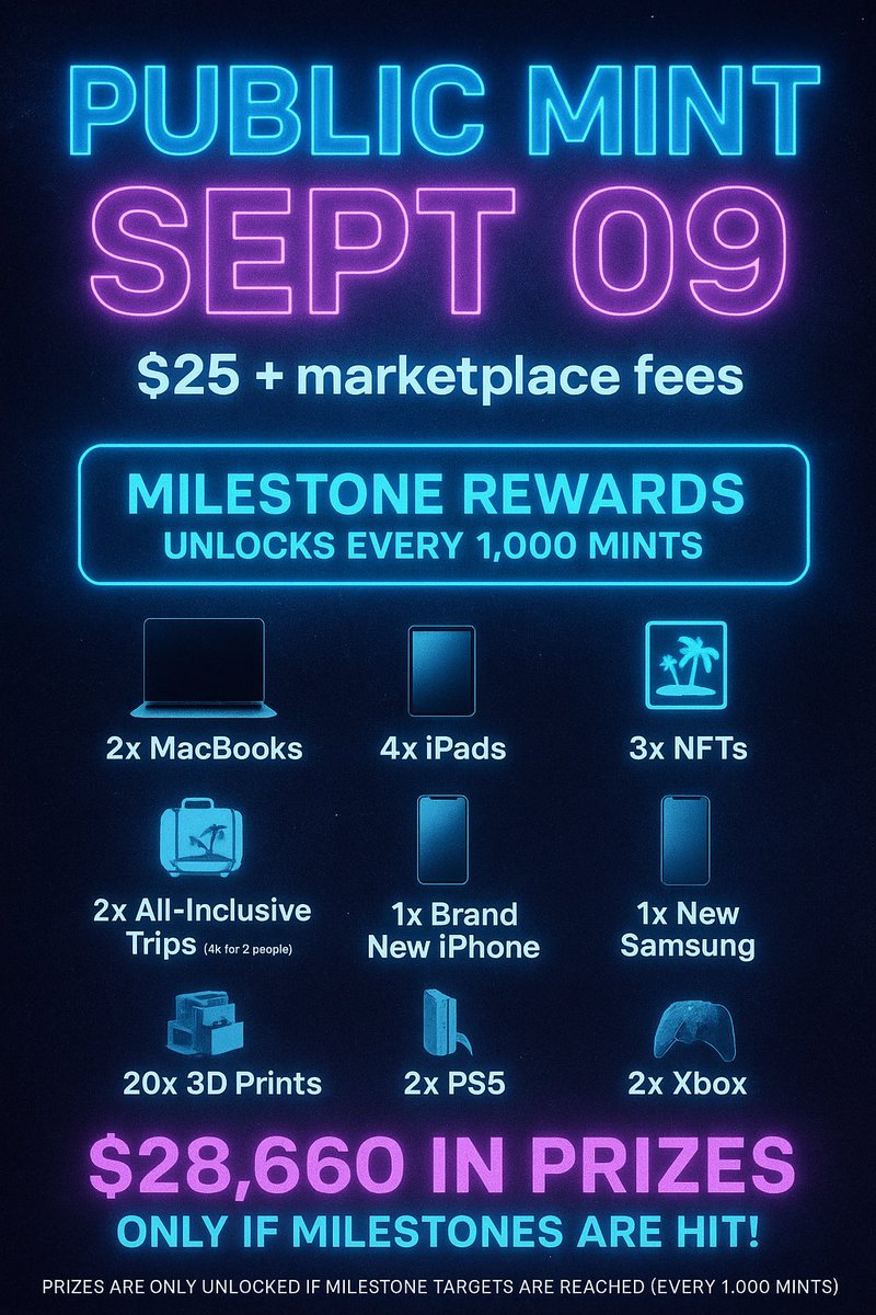 Enchanted Miners (@enchanted_nfts) on Twitter photo On Sept 09 our public sale goes live.
$28,660 in prizes (only) if public milestones are hit.
4 all inclusive trips(4k credit)
2 MacBooks, 4 iPads, <a href="/SolanaMBS_/">SolanaMonkeyBusiness</a> nft, <a href="/Claynosaurz/">Claynosaurz</a> nft, 30 3D prints, new iPhone, Xbox, ps5 and more.
Tag your friends and don’t let them miss out On Sept 09 our public sale goes live.
$28,660 in prizes (only) if public milestones are hit.
4 all inclusive trips(4k credit)
2 MacBooks, 4 iPads, <a href="/SolanaMBS_/">SolanaMonkeyBusiness</a> nft, <a href="/Claynosaurz/">Claynosaurz</a> nft, 30 3D prints, new iPhone, Xbox, ps5 and more.
Tag your friends and don’t let them miss out