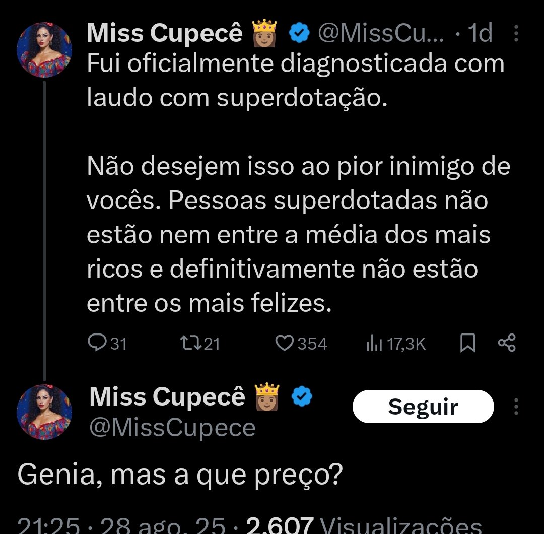 Eu tô percebendo uma migração do autismo para superdotação aqui no twitter.
"Gênia, mas a que preço" - anotem isso. Vai pegar pq é uma frase boa demais