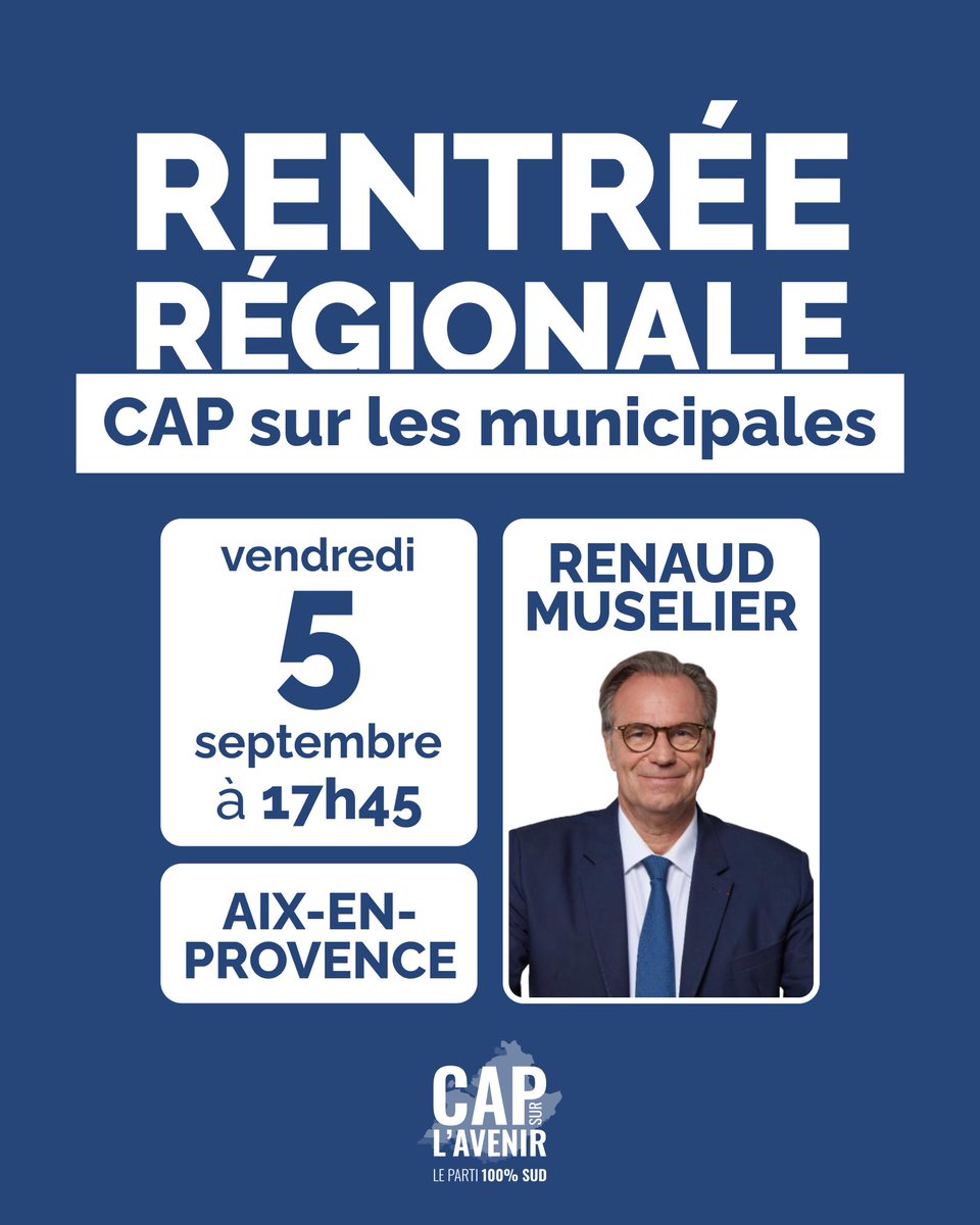 C'est l'heure de notre rentrée régionale, ce vendredi 5 septembre, à Aix-en-Provence ✅

Mettons ensemble, autour de <a href="/RenaudMuselier/">Renaud Muselier</a>, le CAP sur les élections municipales dans les 945 communes du territoire !

Inscription sur ce lien : forms.gle/hbvksfpGP2VEiq…