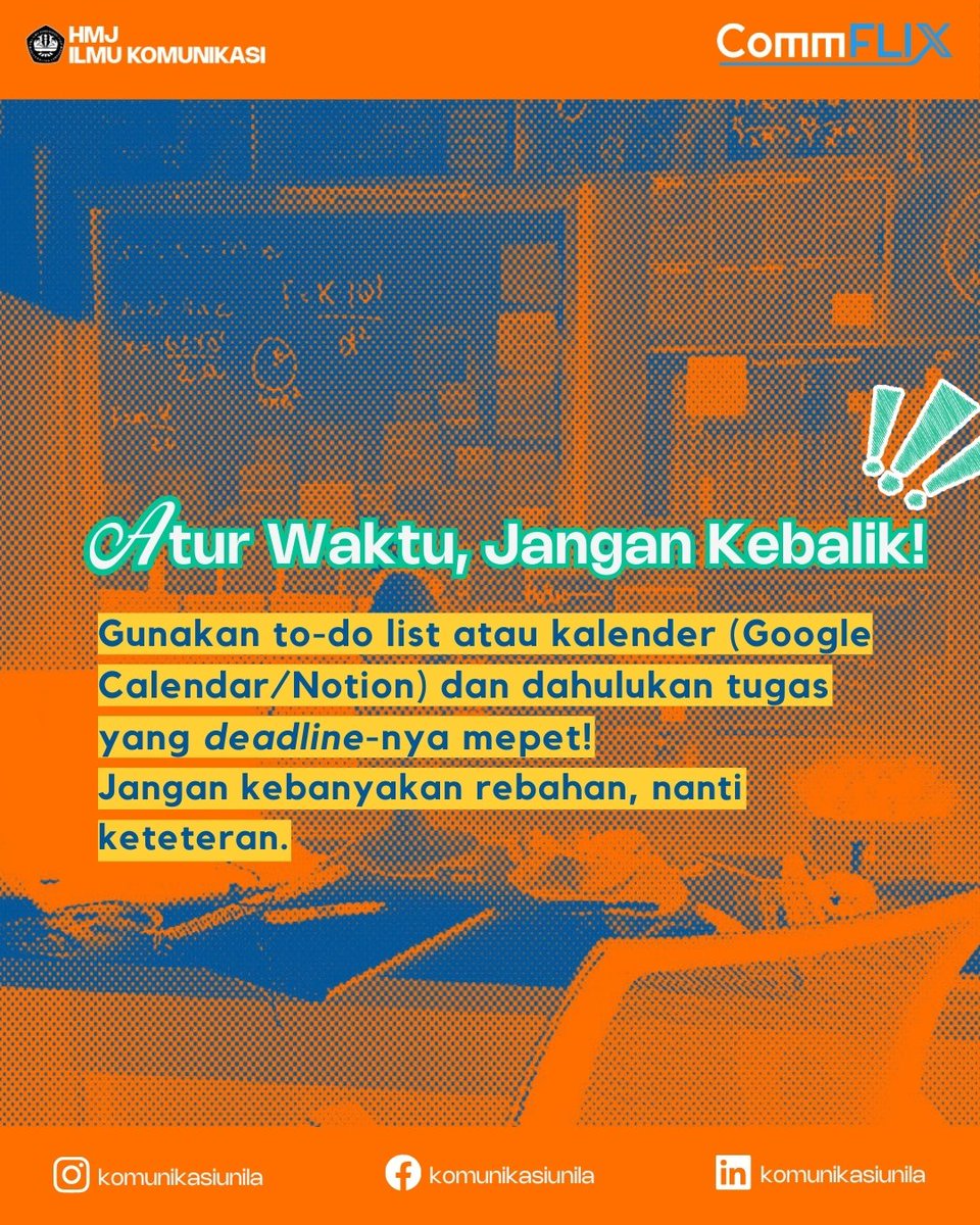 komunikasiunila's tweet image. Halo Commers mungil! a.k.a maba Ilmu Komunikasi 👀.
Selamat datang di dunia baru yang penuh cerita! biar ga bingung, nih Minkom ada beberapa
life hack kuliah agar perjalanan kuliah kalian makin smooth ~
#CommX #CommFLIXsolution #Communila