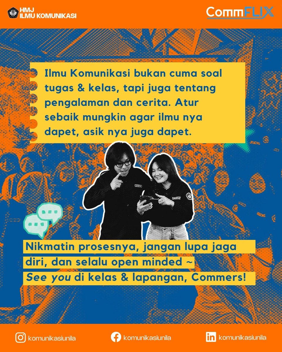 komunikasiunila's tweet image. Halo Commers mungil! a.k.a maba Ilmu Komunikasi 👀.
Selamat datang di dunia baru yang penuh cerita! biar ga bingung, nih Minkom ada beberapa
life hack kuliah agar perjalanan kuliah kalian makin smooth ~
#CommX #CommFLIXsolution #Communila