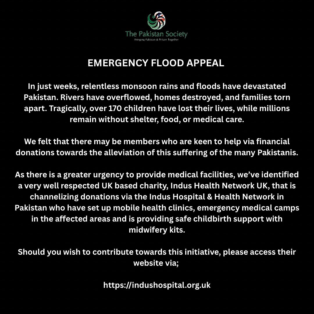 The Pakistan Society extends its condolences and stands with the people of Pakistan during this difficult time.

#pakistan #pakistanfloods #floodrelief  #indushospital