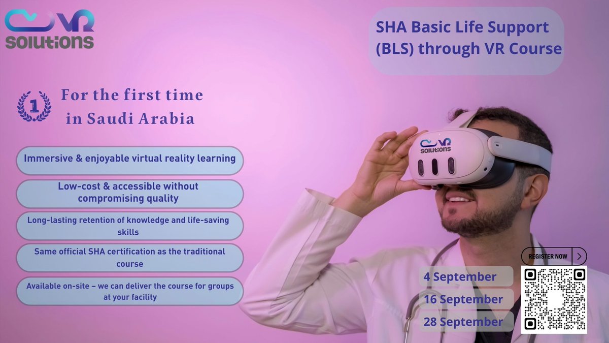 ✨🚑 لأول مره في المملكة والشرق الاوسط وبالتعاون مع جمعية القلب السعودية ✨
📢 انطلاق دورة BLS VR – الواقع الافتراضي
🔹 الشهادة صادرة من جمعية القلب السعودية🫀

💡 تجربة تدريبية غامرة بتقنية الواقع الافتراضي: بدون حاجة لمدرب يشرح وبدون الحاجة الى ادوات .

🎯 أنت تحدد سرعتك بنفسك