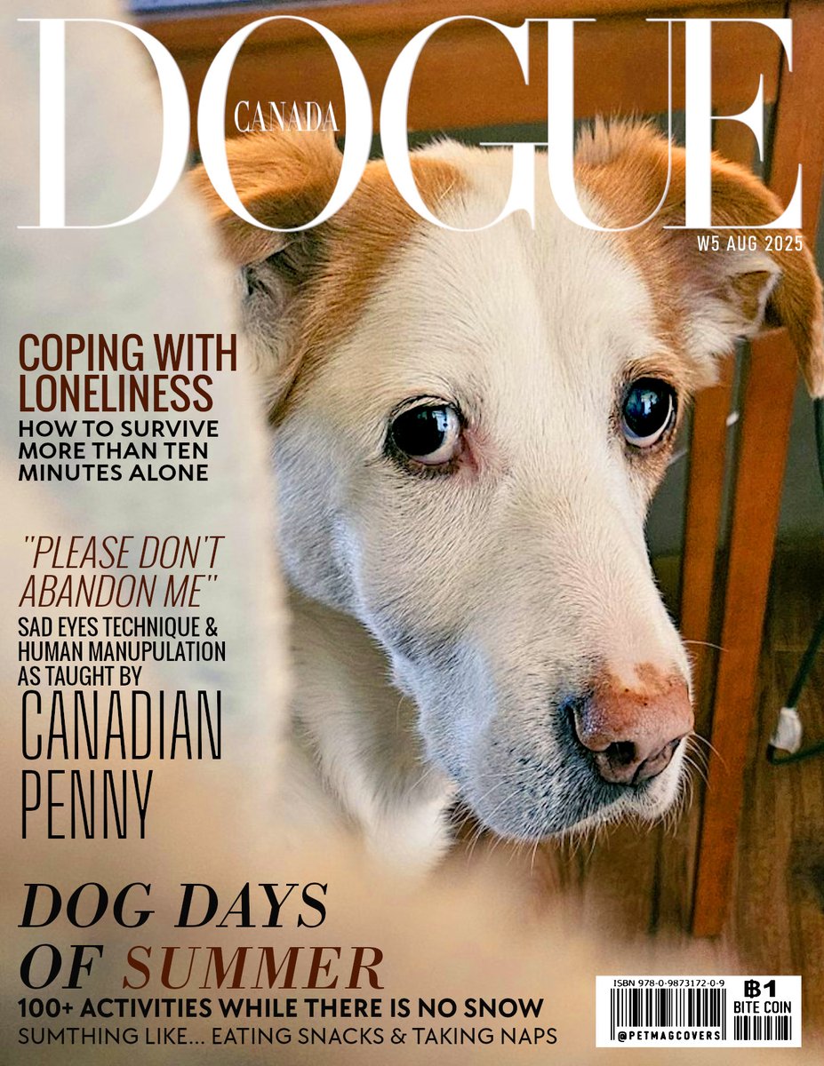 Today, on the cover of DOGUE Magazine: Canadian Penny <a href="/CanadianPenny1/">CanadianPenny 🇨🇦</a> 

With interesting articles that may save lives:  COPING WITH LONELINESS: How to survive more than 10 minutes alone.

Hurry! Go fetch your copy before it’s gone! #DOGUE #Magazine #Dogs #Canada #Penny