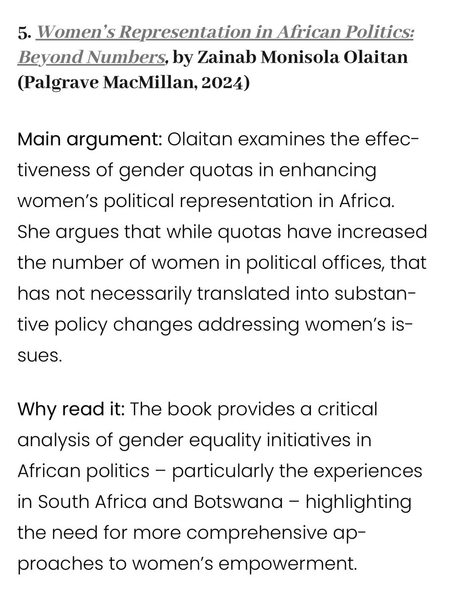 My book ‘Women’s Representation in African Politics’ is featured in <a href="/goodauth/">Good Authority</a> 10 essential reads on African politics for summer 2025. Proud &amp; honored to be featured in this list alongside renowned scholars like Prof. Wale Adebanwi and Prof. Pat Utomi 🙏🏽