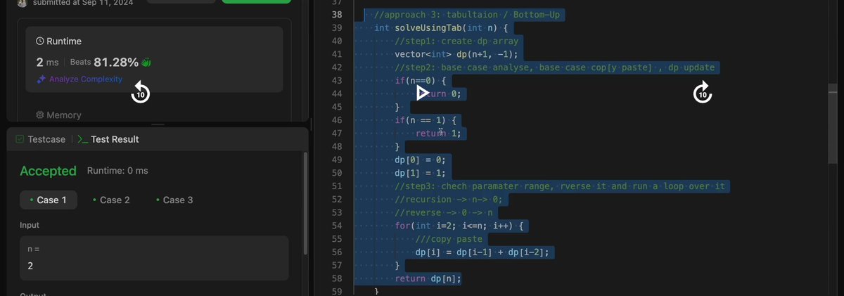 ASHUTOSHKU93588's tweet image. #DynamicProgramming.
started today
learn 3 approaches to tackle after recursion
m1->top to down approach
m2->tabulation OR down to UP approach
m3->Space Optimisation approach(m2 ka pattern dekho kuchh milega wahi m3 hai)