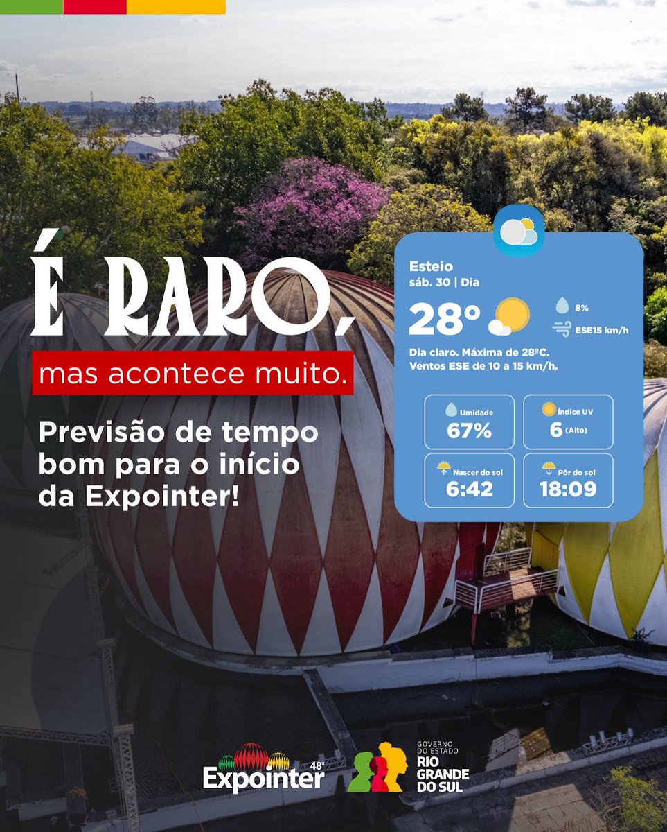 governo_rs's tweet image. Mas que baita dia, hein? ☀️😎
Sabadão de sol, de ótima temperatura e de Expointer. Então pega a família e vem pro Parque de Exposições!

#Expointer
