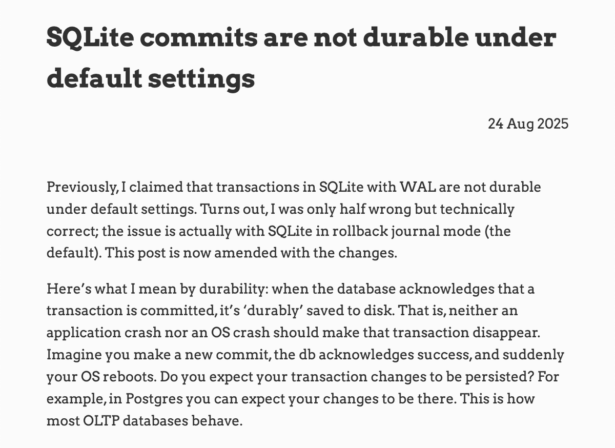 Published a new blog post: SQLite commits are not durable under default settings