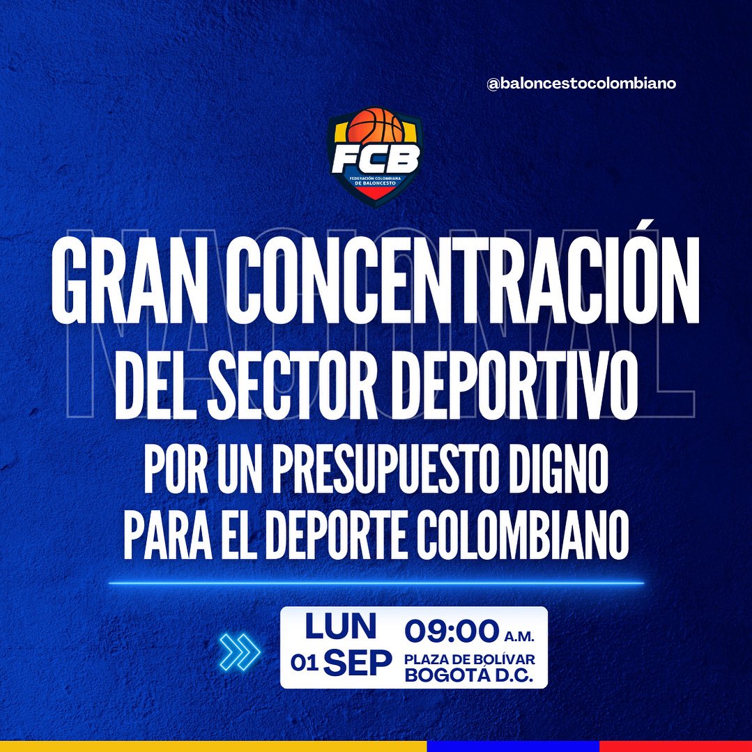 🏀🇨🇴 Nos unimos a la gran concentración del sector deportivo porque nuestros deportistas merecen un presupuesto digno que respalde su disciplina, esfuerzo y compromiso con la bandera tricolor.

📅 01 de sep
⏰ 9:00 a. m.
📍 Plaza de Bolívar

#BaloncestoColombiano