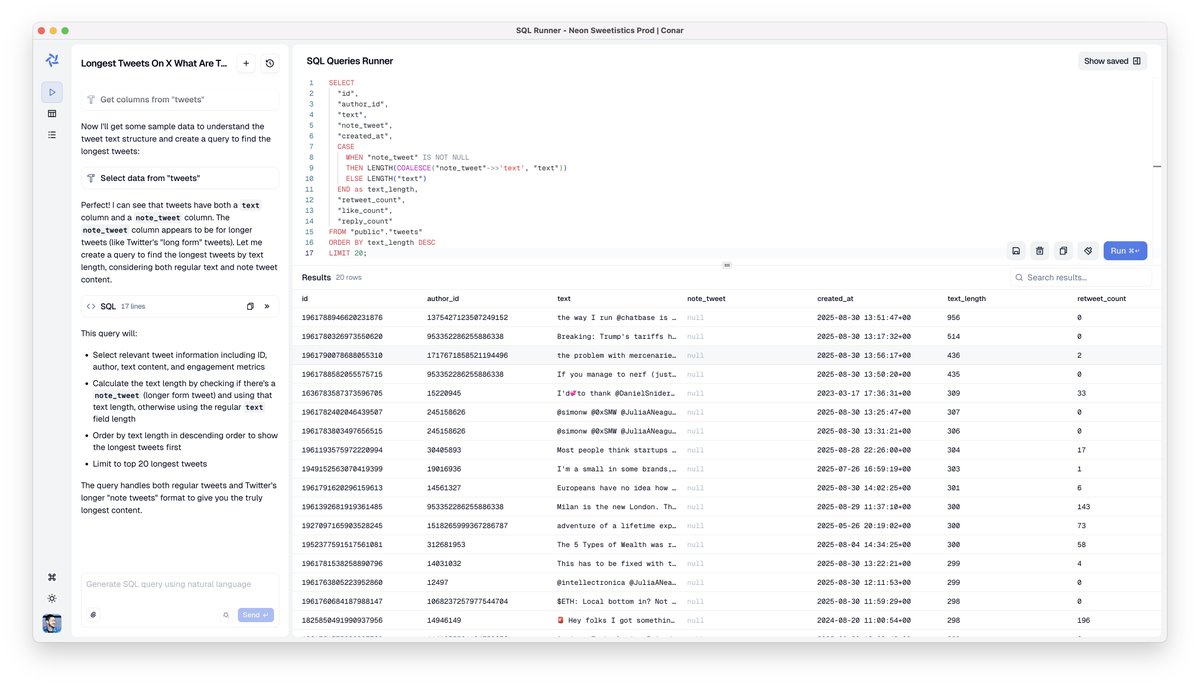 steipete's tweet image. Postgres + AI is amazing. @conar_app
