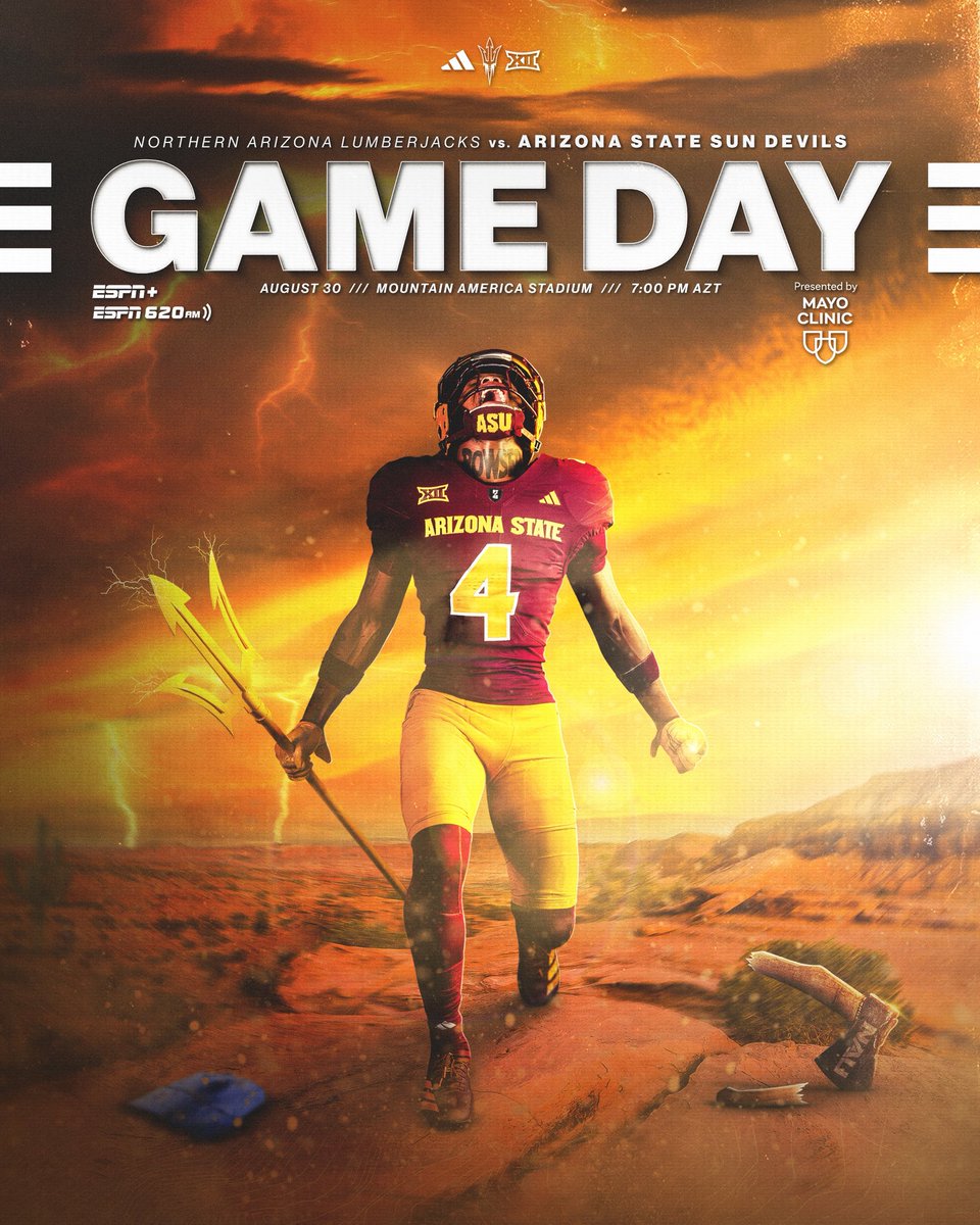 Wake up Sun Devil Nation! IT’S GAME DAY ‼️

🆚: NAU
⏰: 7:00 PM AZT
📍: Mountain America Stadium 
📺: ESPN +
🎧: ESPN 620 AM

🔗: linktr.ee/sundevilfb