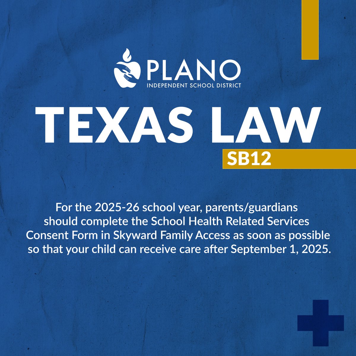 Plano_Schools's tweet image. Starting Sept. 1, Senate Bill 12 requires parents to give consent before schools can provide students with certain physical or mental health services. Parents must complete a School Health Services Consent Form in Skyward Family Access by Sept. 1.

🔗pisd.edu/importantannou…