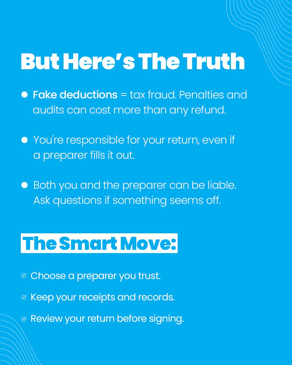 AYBSolutions's tweet image. Tax season can be stressful, but the right approach is key to avoiding costly mistakes. 🚫

Stretching deductions or relying solely on a preparer for a bigger refund can lead to tax fraud, penalties, and audits that far outweigh any refund.

#aybsolutions #taxtips #taxfiling
