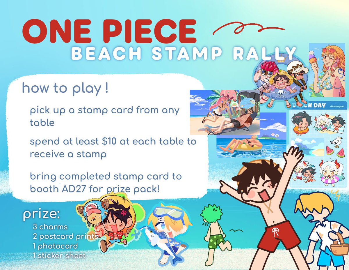 akikoooo's tweet photo. 🏝️ONE PIECE Beach Stamp Rally at #ANIMEImpulseOC2025 ! 

Prize pack includes 3 acrylic charms, 2 prints, 1 sticker sheet, and 1 photocard! 

Collect all 6 stamps and bring the completed sheet to AD27 (me lol) to obtain your treasure 😚 https://t.co/nwOpQAKFZX