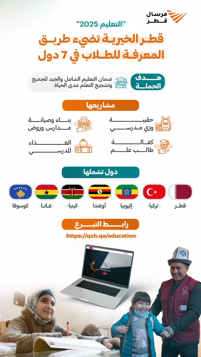 Marsalqatar's tweet image. 🎒📚| من أجل تعليم شامل وجيد للجميع وتشجيع التعلم مدى الحياة

قطر الخيرية تطلق حملة "التعليم 2025" لدعم الطلاب في 7 دول من خلال مشاريع: حقيبة وزي مدرسي، كفالة طالب علم، بناء وصيانة مدارس، والغذاء المدرسي

ساهم الآن عبر qch.qa/education 

@qcharity | #مرسال_قطر | #قطر 🇶🇦