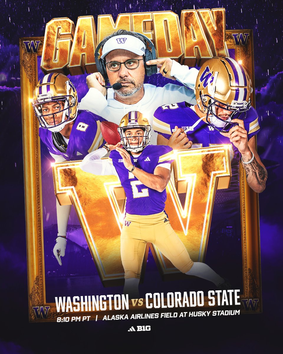 Good Morning Husky Nation!!! It’s GAMEDAY!!! ☔️🙌
🕗 8:10 P.M. PT
📍 Husky Stadium
🐾 Dawg Walk: 5:30 P.M.
🏟️ Stadium Gates: 6 P.M.
🟣 Team Runout: 7:45 P.M.
📺 @bigtennetwork
📻 @933kjr
📲 Go Huskies App