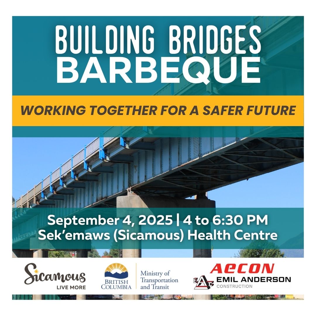 Join the R.W. Bruhn Bridge &amp; Approaches Project and the District of Sicamous for the Building Bridges Barbeque.
📅 September 4, 2025
⏰ 4 to 6:30 p.m.
📍 Sek’emaws (Sicamous) Health Centre – 200 Main Street
Learn more: ow.ly/m3bA50WOshv
#Sicamous