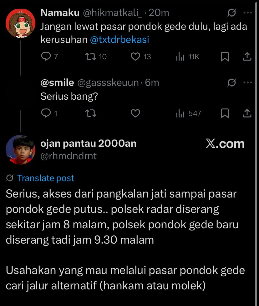 txtdrbekasi's tweet image. INFO BUAT YANG MAU LEWAT SEKITARAN PONDOK GEDE

HATI HATI ADA KERAMAIAN