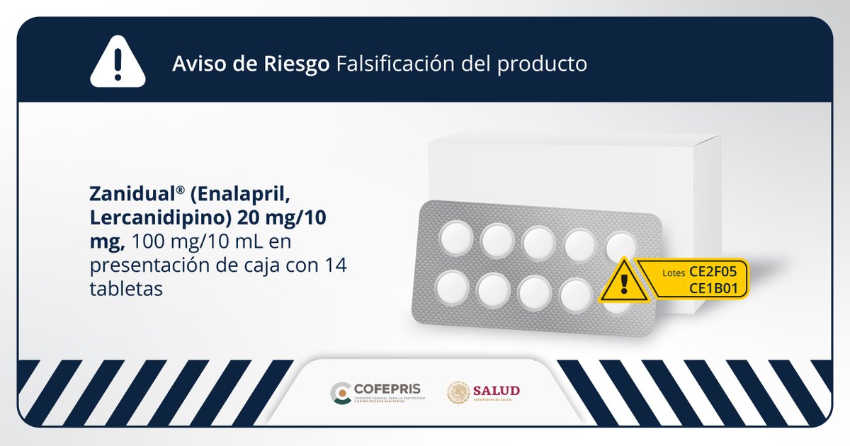 Compartimos el Aviso de Riesgo que <a href="/COFEPRIS/">COFEPRIS</a> publicó en sitio web:
Falsificación del producto Zanidual® (Enalapril, Lercanidipino) 20 mg/10 mg, en presentación de caja con 14 tabletas acortar.link/u73XUl
