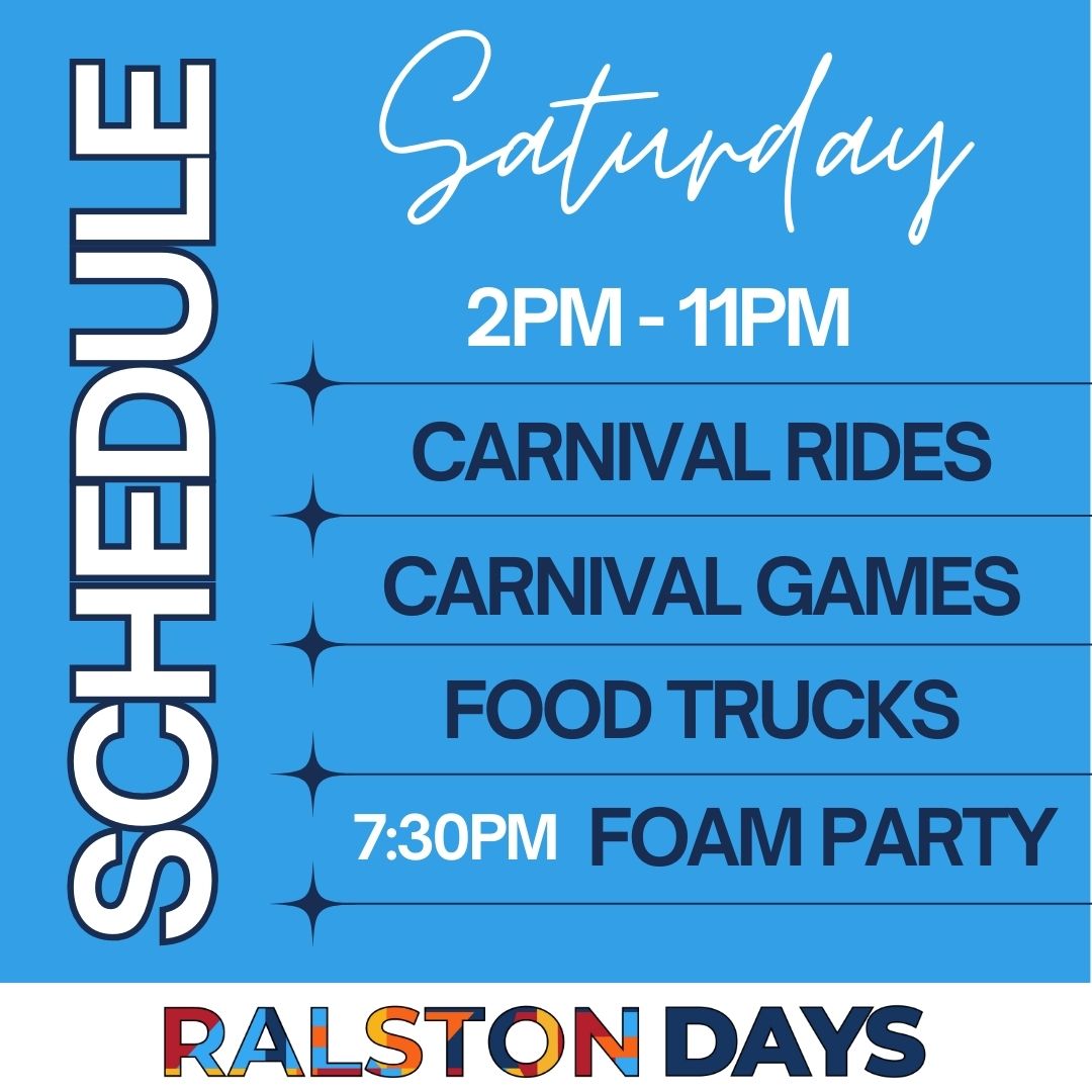 🔹Saturday Schedule 🔹

⏲️ Hours:
Saturday, August 30
2PM-11PM

Carnival Rides 🎡, games🏆, Food Trucks 🥨, 🫧Foam Party and ✨vendors 

🫧Foam Party:
Saturday, August 30
7:30PM
All Ages

🎡Carnival Unlimited Ride Pass: $30 per day