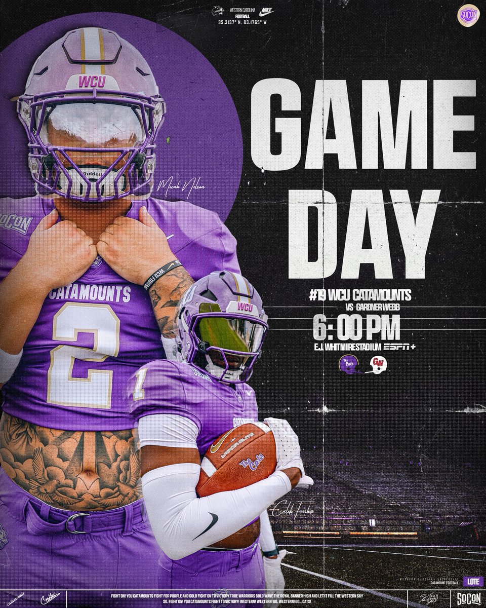 Western Carolina Football (@catamountsfb) on Twitter photo ITS GAMEDAY!!! 
🆚 Gardner Webb University 
🕕 6:00 PM
📺 ESPN+
🏟 E.J. Whitmire Stadium  
#NoExcuses » #LOTE ITS GAMEDAY!!! 
🆚 Gardner Webb University 
🕕 6:00 PM
📺 ESPN+
🏟 E.J. Whitmire Stadium  
#NoExcuses » #LOTE